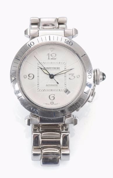 CARTIER
Montre bracelet d’homme en or 18K (750‰). Modèle Pacha. Date à 4H, automatique, trotteuse centrale. Mécanisme visible et trés ouvragé. Avec écrin et certificat de garantie.
Poids brut : 153,20 g