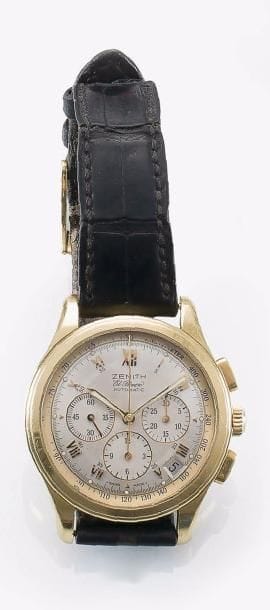 ZENITH
Montre Chronomètre automatique en or 18K (750‰). Modèle El Primero. 3 compteurs, date entre 4H et 5H, chiffres romains en or sur cadran argenté. Fond de boîte transparent avec mécanisme apparent, calibre 400Z. Bracelet type crocodile avec boucle en or 18K (750‰).
Poids brut : 80,80 g
