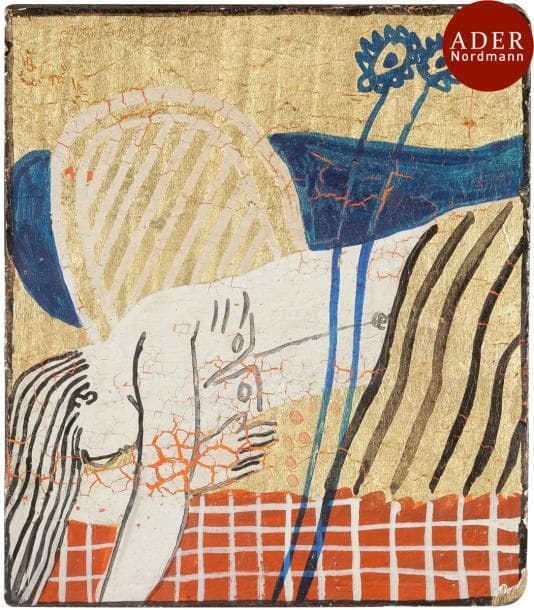 Alexandre FASSIANOS [grec] (né en 1935)
Homme dans une chambre, 1969
Huile et feuille d’or sur panneau.
Signée et datée en haut à gauche.
(Craquelures).
13 x 11 cm
Provenance :
Galerie Paul Facchetti, Paris (étiquette au dos).