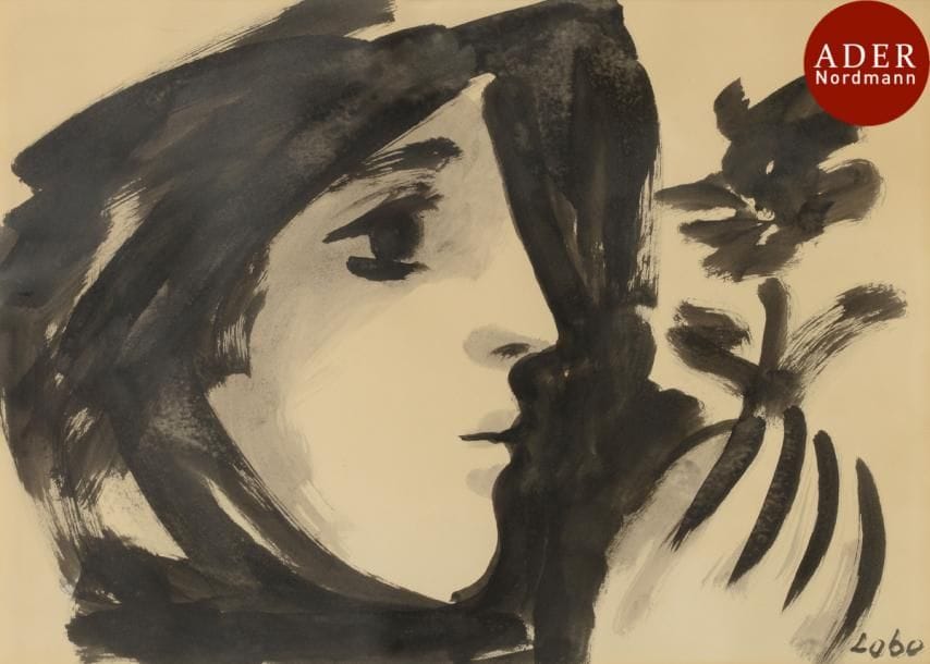 Baltasar LOBO CASUERO [espagnol] 
(1910-1993)
Profil de femme à la fleur
Encre de Chine et lavis d’encre.
Signée en bas à droite.
28 x 40 cm
Provenance :
Succession Roger et Bella Belbéoch, Paris.