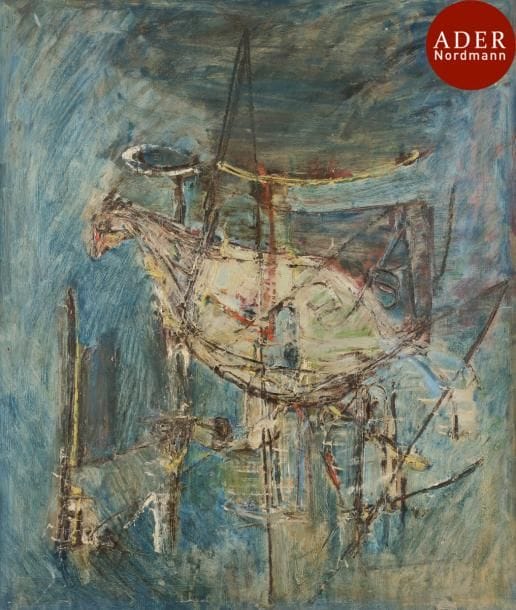 Abdallah BENANTEUR [algérien] (né en 1931)
La Poule, 1954
Huile sur carton marouflé sur toile par l’artiste.
Signée, datée et titrée au dos.
65 x 50 cm
Provenance :
Collection particulière, France.
Bibliographie :
Catalogue Nicaise, Paris, 1974, p. 9. Peintures N°1. « Œuvre d’une douceur juvénile attendrissante ».

L’œuvre figurera au Catalogue Raisonné d’Abdallah Benanteur, en cours de préparation par Monsieur Claude Lemand. Un certificat d’authenticité sera remis à l’acquéreur.