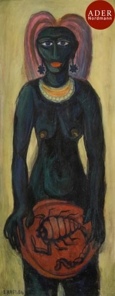 Samir RAFI [égyptien] (1926-2004)
Femme au scorpion, 1954
Huile sur isorel.
Signée et datée en bas à gauche.
67 x 26 cm
Provenance :
- Famille de l’artiste.
- Collection de Monsieur A., Paris.