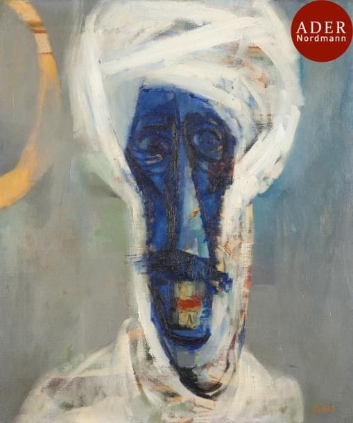 Ibrahim EL SALAHI [soudanais] (né en 1930)
Portrait de soudanais, vers 1958-60
Huile sur toile.
Signée en bas à droite.
61 x 51 cm
Nous remercions Monsieur Ibrahim El Salahi d’avoir confirmé l’authenticité de cette œuvre.

Cette toile fut peinte au Soudan où il retourne en 1957. Cette période est marquée par sa volonté de produire une œuvre ancrée dans la tradition tout en tentant d’assimiler toutes les influences esthétiques auxquelles il a été exposé ; il visite alors son pays pour s’imprégner de ses paysages et de sa vie locale.