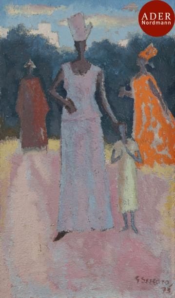 Gérard SEKOTO [sud-africain] (1913-1993)
Personnages, 1973
Huile sur toile.
Signée et datée en bas à droite.
55 x 33 cm
Pionnier de l’art urbain sud-africain, Gérard Sekoto est le premier artiste noir à entrer dans les collections publiques d’Afrique du Sud suite à un achat de la Johannesburg Art Gallery en 1940.
En 1947, il quitte son pays pour la France et Paris où il exerce ses talents de musicien de Jazz et continue à peindre.
Suite au renforcement de la politique ségrégationniste dans son pays et l’incarcération de Nelson Mandela, sa peinture se politise à partir de 1965-70. Il peint des scènes de la vie courante des hommes et femmes noirs.
Dès 1989, suite à la démission du président Botha, la Johannesburg Art Gallery l’honore d’une exposition rétrospective et l’université du Witwatersrand lui attribue un doctorat honoraire.
Gérard Sekoto décède 4 ans plus tard à Paris.