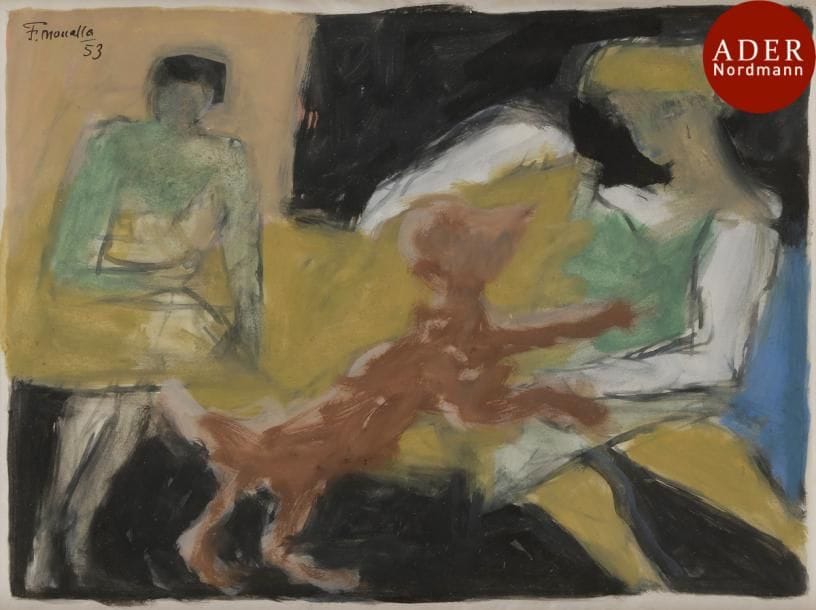 Fikret MOUALLA [turc] (1905-1968)
Couple au chien, 1953
Gouache.
Signée et datée en bas à gauche.
18.5 x 24 cm
L’œuvre sera incluse dans le Catalogue Raisonné en préparation par Kerem Topuz et Marc Ottavi.
