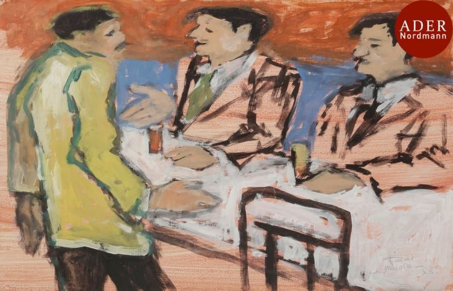 Fikret MOUALLA [turc] (1905-1968)
Trois hommes au café, 1955
Gouache.
Signée et datée en bas à droite.
32 x 48 cm
L’œuvre sera incluse dans le Catalogue Raisonné en préparation par Kerem Topuz et Marc Ottavi.
