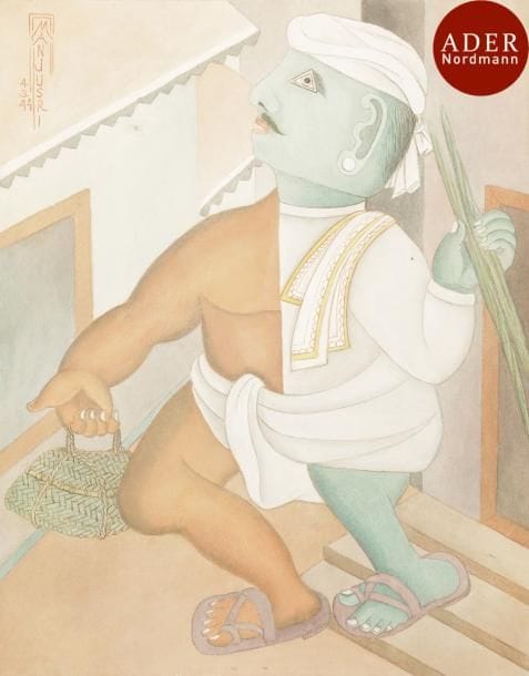 Lokukanganange T.P. MANJUSRI [indien] (1902-1982)
Homme au panier, 1944
Aquarelle.
Signée et datée en haut à gauche.
32 x 25 cm
Ancré dans la tradition bouddhiste sri-lankaise, moine à ses débuts, Lokukanganange T.P. MANJUSRI propose une œuvre profondément marquée par la philosophie bouddhiste et l’iconographie des décors des temples qui en émane.
Il est à l’origine de la création en 1943 du « groupe 43 », association de jeunes artistes sri lankais qui deviendra l’une des plus importantes écoles d’art moderne d’Asie.
Après sa première exposition personnelle à Colombo, MANJUSRI expose à Londres puis Vienne où la richesse de la tradition artistique bouddhiste commence à être reconnue.
Ardent défenseur du patrimoine architectural et culturel de son pays, il reçoit en 1979 le prix spécial Rarnon Magsaysay en remerciement de son œuvre.