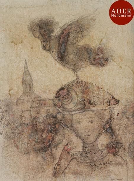 Sakti BURMAN [indien] (né en 1935)
Femme au chapeau coquillage et oiseau
Encre de Chine et aquarelle.
Signée en bas à droite.
38.5 x 29 cm
Provenance :
Collection particulière, Paris. Acquise lors de l’exposition à l’Hôtel Astra par l’actuel propriétaire.
Exposition :
Satki Burman, La Galerie d’Art de l’Hôtel Astra, Paris, 22 janvier-6 mars 1985.
