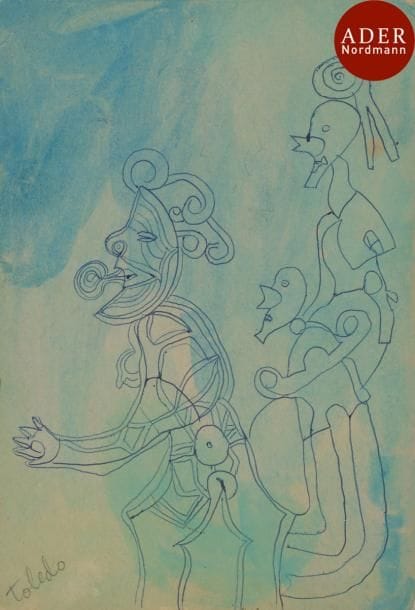 Francisco TOLEDO [mexicain] (né en 1940)
Personnages, vers 1964
Dessin au stylo double face.
Signé en bas à gauche.
23 x 15.5 cm
Nous remercions Monsieur Fernando Ortiz Marquez d’avoir confirmé l’authenticité de cette œuvre.