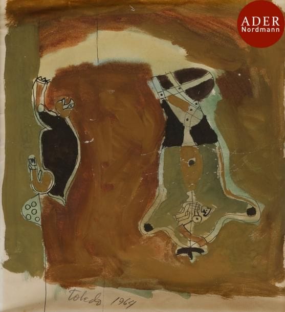 Francisco TOLEDO [mexicain] (né en 1940)
Avion et tortue, 1964
Gouache et encre.
Signée et datée sur la droite.
30.5 x 23 cm
Nous remercions Monsieur Fernando Ortiz Marquez d’avoir confirmé l’authenticité de cette œuvre.