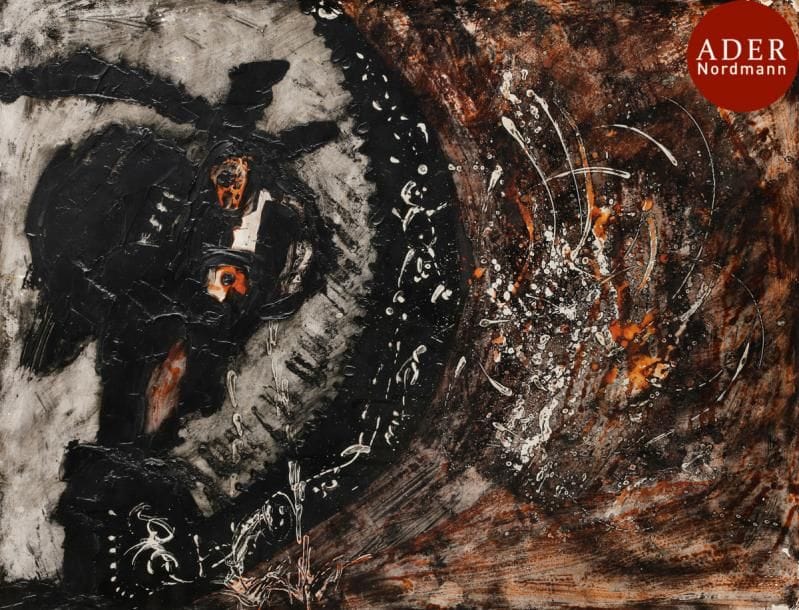 Jorge PIQUERAS [péruvien] (né en 1925)
El Brujo Negro, 1962
Huile sur carton contrecollé sur panneau.
Signée, datée, titrée et située « Wissous » au dos.
(Petites usures dans les angles).
50 x 65 cm
