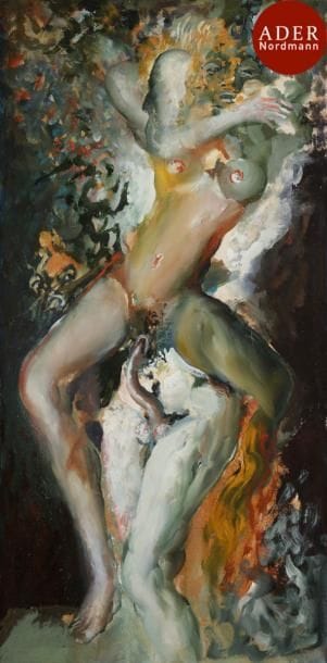 Popovitch Ljuba LJUBA [serbe] (né en 1934)
L’Averse d’amour, 1990
Huile sur carton.
Signée, datée et titrée au dos.
57 x 25 cm
