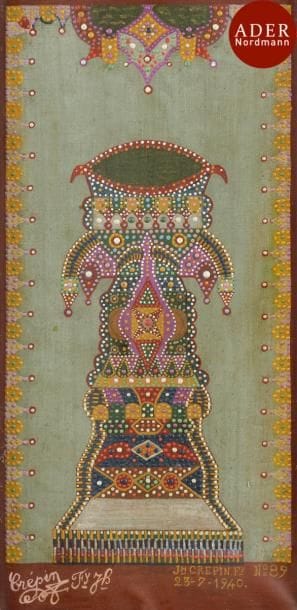 Fleury Joseph CRÉPIN (1875-1948)
Un Chandelier, 1940
Huile sur toile.
Signée, datée et numérotée.
39 x 19 cm
L’œuvre est simplement mentionnée au Catalogue Raisonné de l’œuvre de l’artiste en tant que « Peinture 89 » sans information sur sa date ni numéro de référence car non située (Didier Deroeux, Fleury Joseph Crépin 1875-1948, Idée’Art, Paris, 1999, 
p. 236).