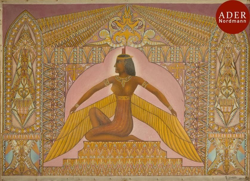 Victor SIMON (1903-1976)
Isis, 1942
Huile sur toile.
Signée et datée en bas à droite.
54 x 72 cm
Cette toile est inspirée de la grande Toile égyptienne de 1941 (215 x 194 cm), conservée dans les collections d’Art brut du Lam de Villeneuve D’Ascq.

« La prêtresse d’Isis, initiée à tous les mystères, est du monde des Dieux ; de son socle sacré, elle étend majestueusement ses ailes vers les âmes éthérées, elle domine dans le monde des clartés, elle accorde protection et grandeurs et s’offre à l’adoration des adeptes ». (Victor Simon, Du Sixième Sens à la Quatrième Dimension, 1955, pp.136-140)

Nous remercions Monsieur Bertrand Buche pour les informations qu’ils nous a transmises (victorsimon.nexgate.ch).
