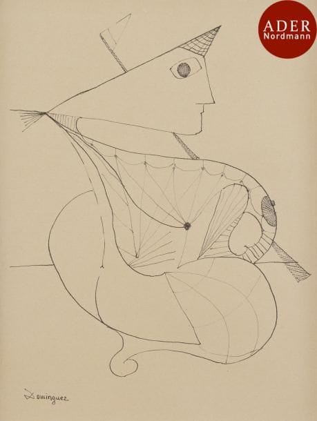 Oscar DOMINGUEZ [espagnol] (1906-1957)
Femme au fanion, vers 1951-52
Encre.
Signée en bas à gauche.
25 x 19.5 cm
