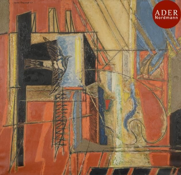 Max PAPART (1911-1994)
Atelier à l’oiseau, 1957
Huile sur toile.
Signée et datée en haut à gauche.
Signée, datée et titrée au dos.
(Petit accident).
100 x 100 cm
