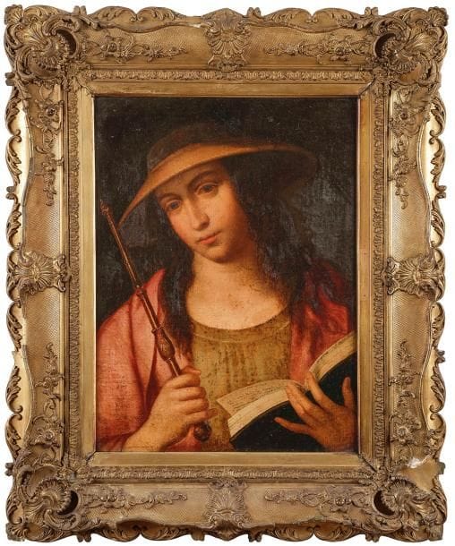 École ITALIENNE du XVIIe siècle
Jeune femme (?) tenant  un livre et un sceptre (?)
Toile 
65 x 50 cm 
Restaurations anciennes