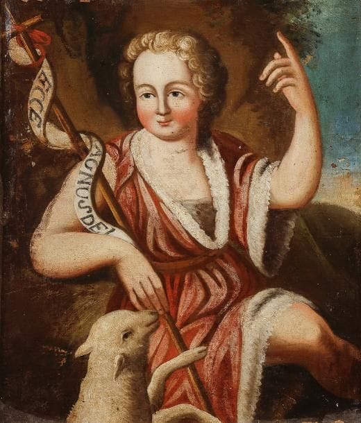 École LATINO-AMERICAINE du XVIIIe siècle 
Saint Jean Baptiste
Sur sa toile d’origine 
37 x 33 cm
Petits manques et restaurations