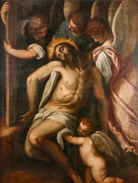 Attribué à Jacopo NEGRETI dit PALMA il GIOVANE (1544 - 1628)
Le Christ soutenu par des anges 
Toile
141 x 96 cm
Restaurations anciennes 
Dans un cadre de type Sansovino, travail italien du XVIe siècle

Palma il Giovane a représenté le Christ mort soutenu par un ou plusieurs anges à de plusieurs reprises (Belluno, musée civique ; Bergame, Académie Carrare). La plupart sont datés vers 1600. On retrouve une composition générale similaire à notre toile dans la Madeleine soutenue par les anges (Moscou, musée Pushkine, Stefania Mason-Rinaldi, Palma il Giovane l’opera completa, 1984, p.96, n°175, repr. p.438) : les trois anges autour du Christ y sont identiques, le personnage central ayant été changé. La pose du Christ est particulièrement proche du petit panneau conservé au musée de Bassano di Grappa (id., n°14, p.74, repr. p. 310).
Ce sujet, traité ici avec l’ange tenant la croix, est souvent représenté pendant la Contre-Réforme.