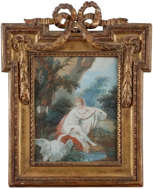 École FRANçAISE DU XVIIIe siècle
Léda et le cygne
Gouache.
Dans un cadre à noeuds en bois sculpté.
(Restaurations et rehauts de gouache blanche postérieurs).
24,5 x 20 cm