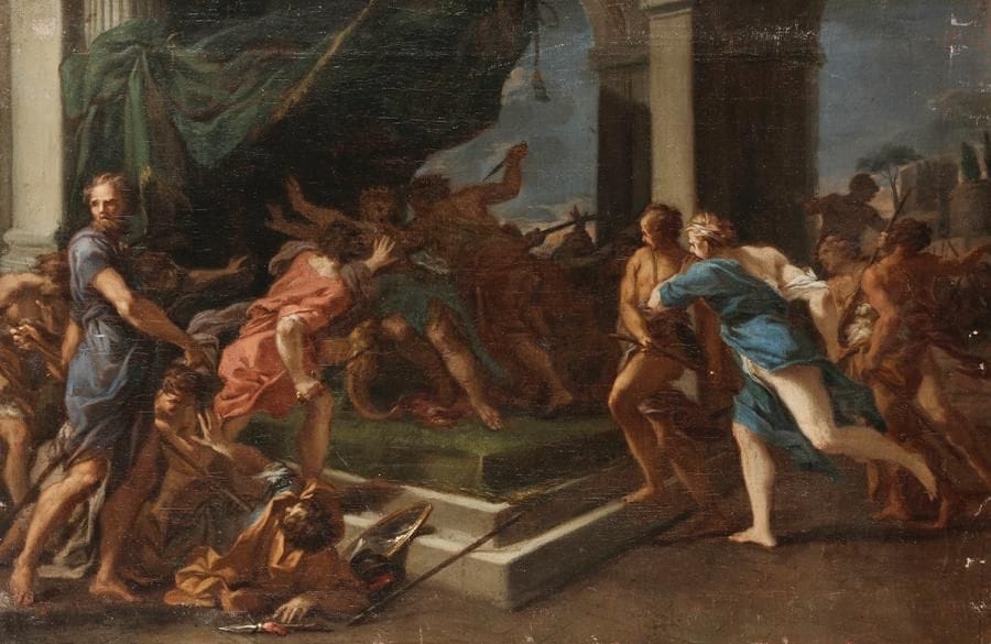 Attribué à Antoine Rivalz (1667 - 1735)
Mort de Priam
Toile
35 x 54 cm
Restaurations anciennes et petits accidents
Sans cadre