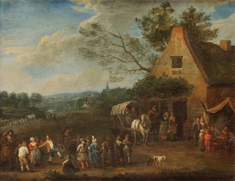 Attribué à Franz de Paula FERG (1689 - 1740)
La halte
Panneau de chêne, une planche, non parqueté
18 x 25 cm
Traces de signature en bas au centre 
Au revers du panneau, une ancienne étiquette de vente 
Restaurations anciennes