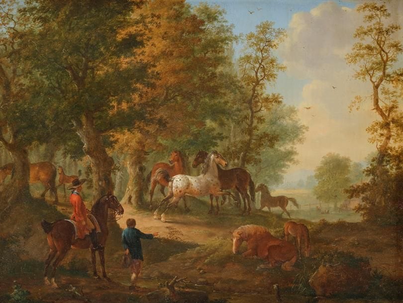 Johann Georg PFORR (Ulfen 1745 - Francfort 1798) 
Cavaliers et villageois observant des chevaux en liberté
Cuivre.
33 x 43 cm
signé et daté en bas à droite : Pforr/ 1784