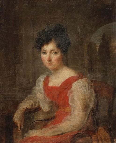 École FRANçAISE vers 1820
Portrait de jeune fille assise
Papier marouflé sur carton 
25 x 20,5 cm
Monogrammée à gauche : AD
Restaurations anciennes et petits manques