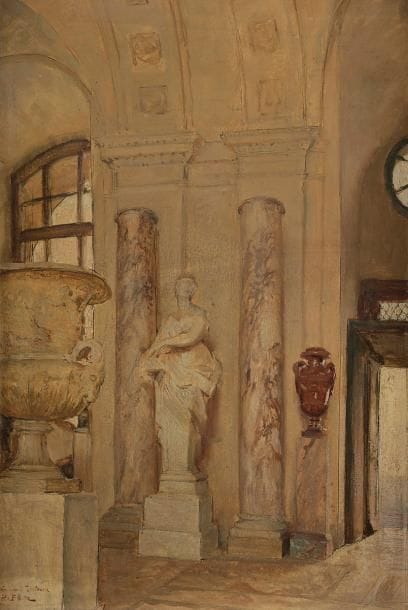 Henri PINTA (Marseille 1856 - ?1944)
Au Louvre
Milboard
40 x 26 cm
Dédicacé et signé en bas à gauche : a mon ami Dufrasse (?) / H. PINTA