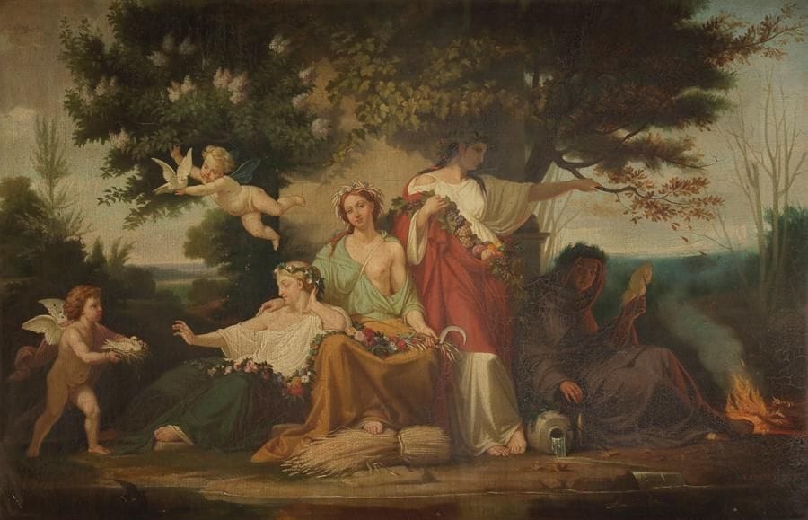 Félix FOSSEY (Paris 1826 - 1895)
Les Quatre saisons
Sur sa toile d’origine
53,5 x 80,5 cm
Signée et datée en bas à droite : F FOSSEY 18(.)2
 
Exposition : 
Probablement exposé au Salon de 1852, Les quatre saisons sous le n° 479
