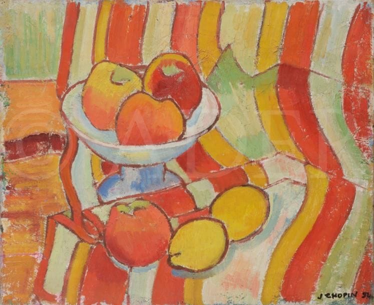 Juliette CHOPIN (né en 1931)
Les Pommes, 1954
Huile sur toile.
Signée et datée en bas à droite.
38 x 46 cm