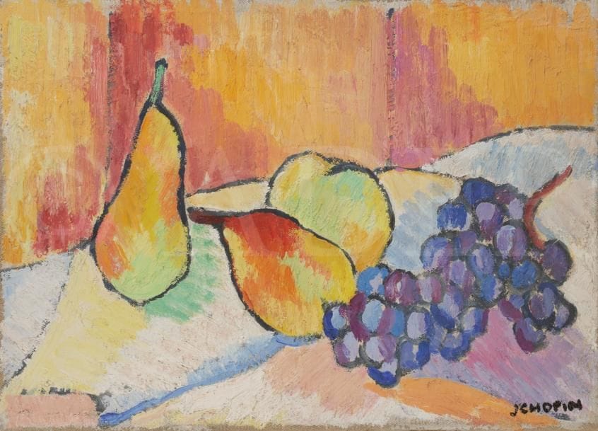 Juliette CHOPIN (né en 1931)
Poires et raisins, 1954
Huile sur toile.
Signée en bas à droite.
24 x 33 cm