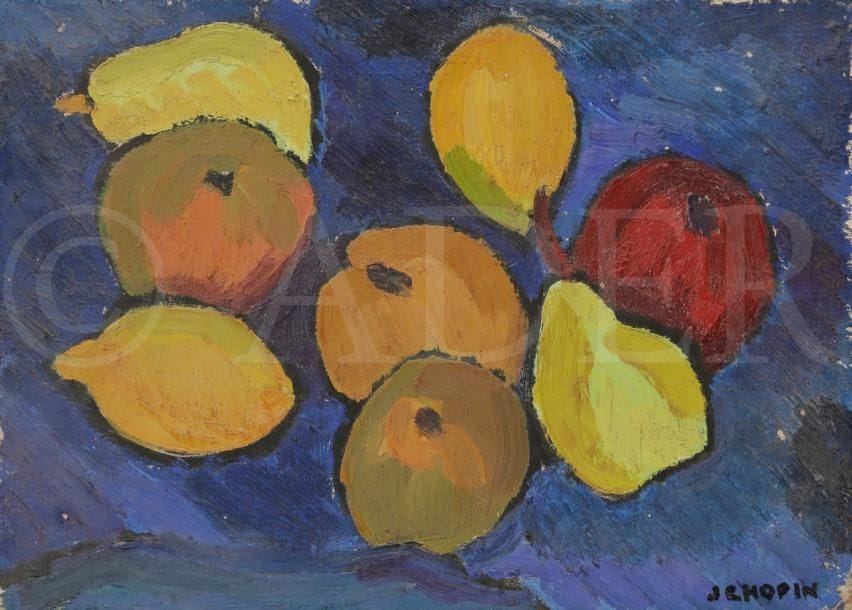 Juliette CHOPIN (né en 1931)
Fruits, 1954
Huile sur toile.
Signée en bas à droite.
(Petits manques).
24 x 33 cm