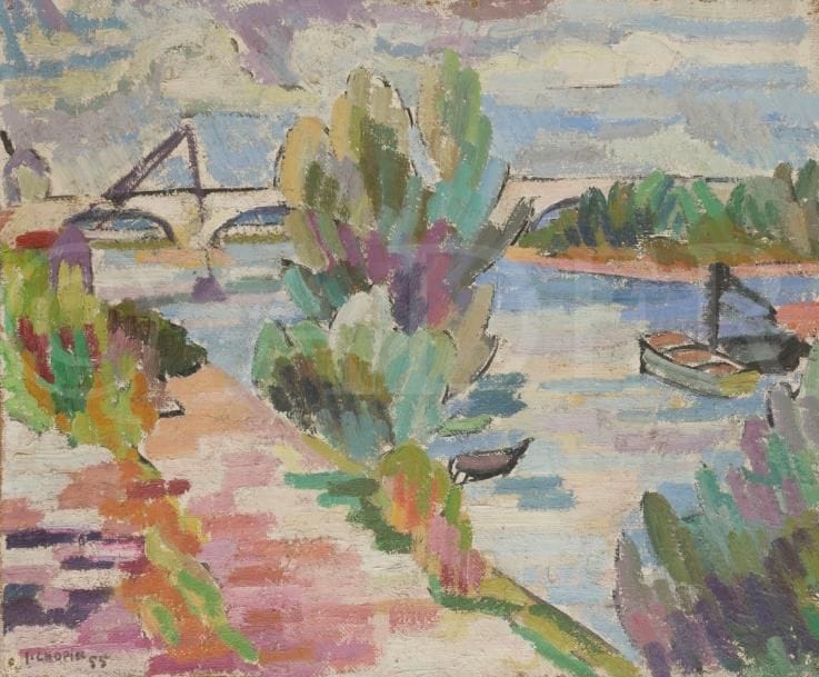 Juliette CHOPIN (né en 1931)
La Loire à Orléans, 1955
Huile sur toile.
Signée et datée en bas à gauche.
50 x 61 cm