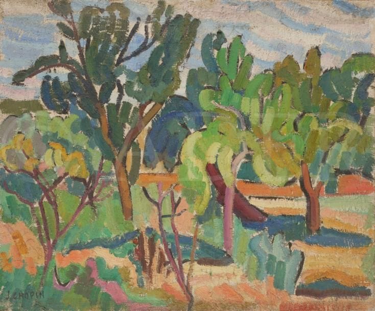 Juliette CHOPIN (né en 1931)
Le Verger, 1955
Huile sur toile.
Signée en bas à gauche.
60 x 73 cm
