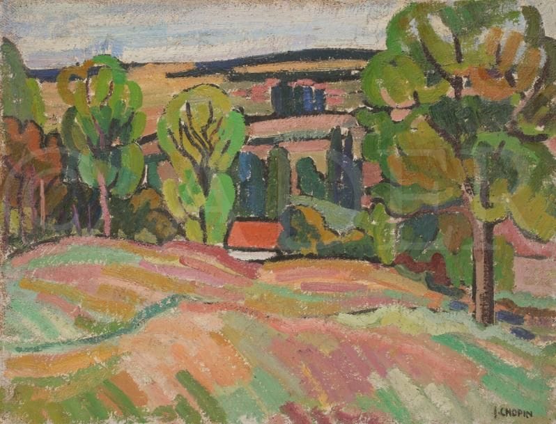 Juliette CHOPIN (né en 1931)
Le Toit rouge, 1955
Huile sur toile.
Signée en bas à droite.
50 x 65 cm