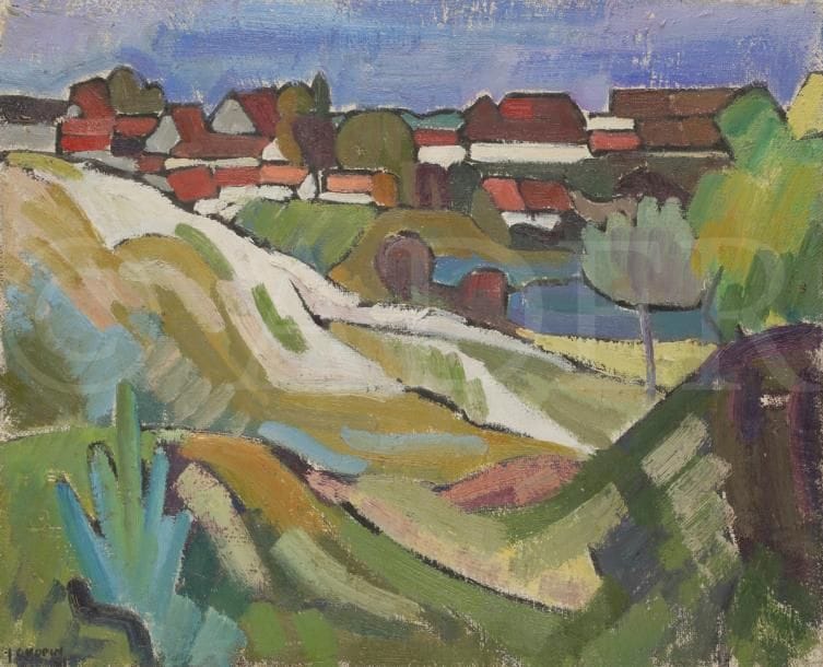 Juliette CHOPIN (né en 1931)
Vue sur les toits, Saulcet, 1955
Huile sur toile.
Signée en bas à gauche.
50 x 61 cm