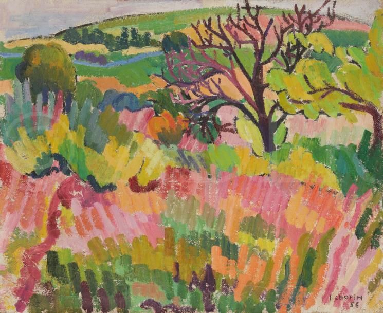 Juliette CHOPIN (né en 1931)
Les Friches, 1956
Huile sur toile.
Signée et datée en bas à droite.
50 x 61 cm