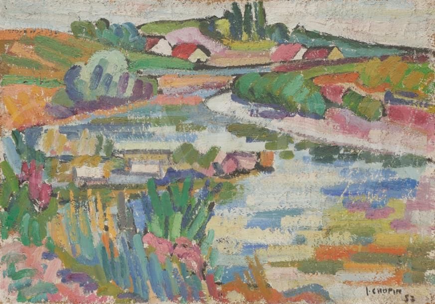 Juliette CHOPIN (né en 1931)
L’Allier, 1957
Huile sur toile.
Signée et datée en bas à droite.
38 x 55 cm