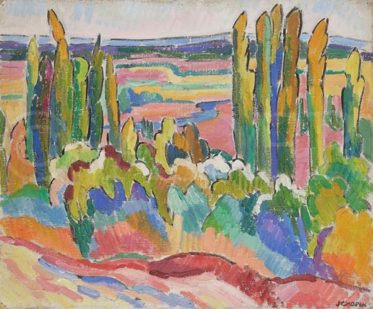 Juliette CHOPIN (né en 1931)
Vallée de l’Allier, 1960
Huile sur toile.
Signée en bas à droite.
50 x 61 cm