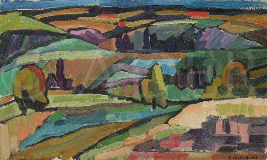 Juliette CHOPIN (né en 1931)
Paysage vallonné, Saulcet, 1962
Huile sur toile.
Signée et datée en bas à droite.
33 x 55 cm