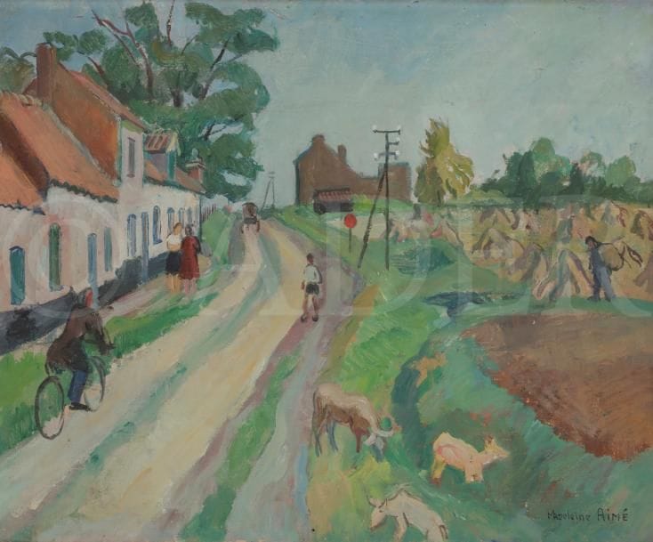 Madeleine AIME (XXe siècle)
Rue de village animé
Huile sur toile.
Signée en bas à droite.
46 x 55 cm