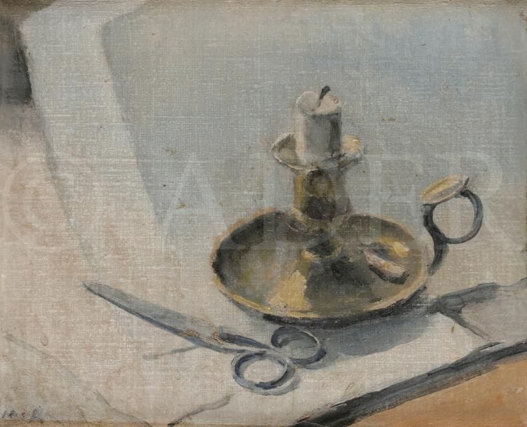 Maurice ASSELIN (1882-1947)
Nature morte au bougeoir et ciseaux
Huile sur toile.
Monogrammée en bas à gauche.
Signée au dos.
22 x 27 cm