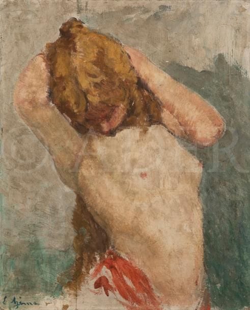 Ernest AZEMA (1871-1917)
Nu les bras levés
Huile sur fibro-ciment.
Signée en bas à gauche.
54 x 43 cm