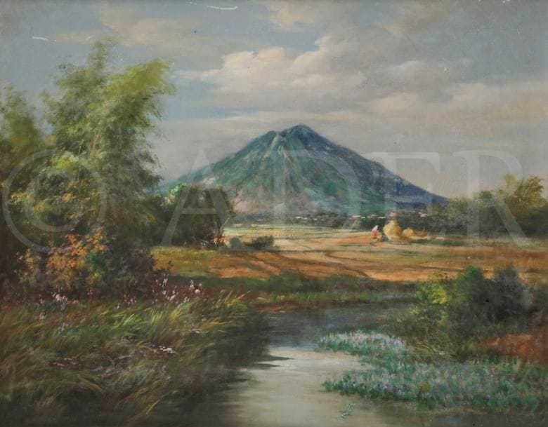César BUENAVENTURA Y ESPINOSA 
(1919-1983)
Philippines, paysage volcanique, 1954
Huile sur toile.
Signée et datée en bas à gauche.
(Craquelures et frottements).
56 x 71 cm