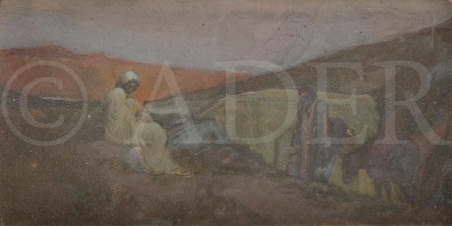 Paul BUFFET (1864-1941)
La Fuite en Égypte
Huile sur carton.
Signée en bas à gauche.
Annotée au dos.
9 x 16 cm