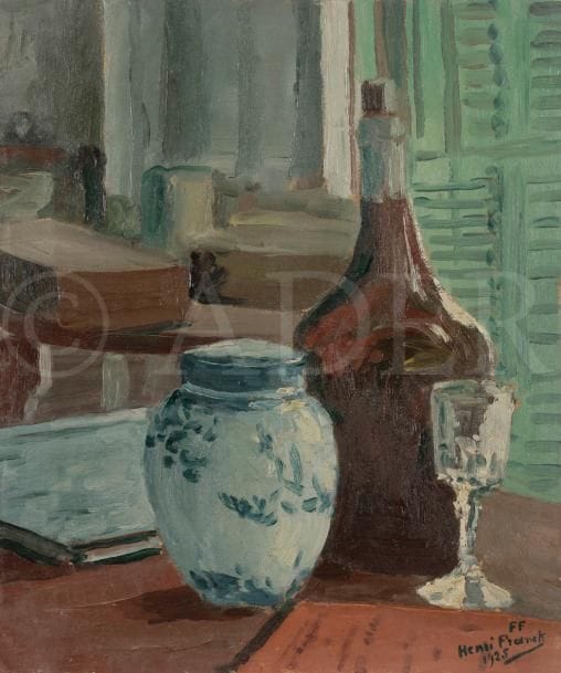 Henri FRANCK (1877-1957)
Nature morte au verre à pied, Nice, 1925
Huile sur toile.
Signée et datée en bas à droite.
Signée, datée et titrée au dos.
45 x 37 cm

L’œuvre est référencée dans les Archives Henri Franck sous le numéro 282.
