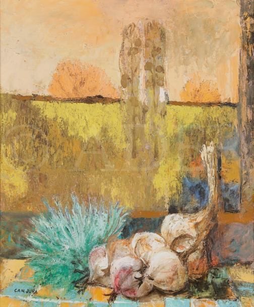Noe CANJURA (1922-1970)
Nature morte à la gousse d’ail
Huile sur toile.
Signée en bas à gauche.
Signée et titrée au dos.
55 x 46 cm
