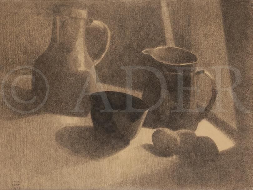 Ywan CERF (1883-1963)
Nature morte à la fenêtre, 1922
Dessin au fusain.
Signé et daté en bas à gauche.
44 x 58.5 cm
Exposition : 
Triennale de Liège (étiquette au dos).