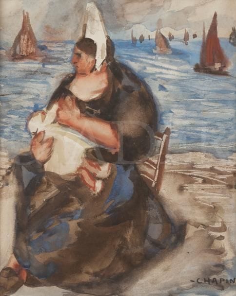 Jean CHAPIN (1896-1994)
Bretonne allaitant
Aquarelle.
Signée en bas à droite.
25.5 x 34.5 cm
